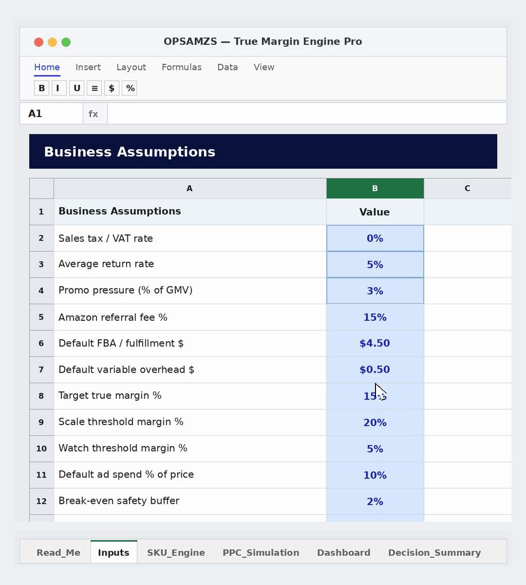 OPSAMZS — foglio Inputs: assunzioni di business, IVA, resi, fee Amazon, soglie di margine